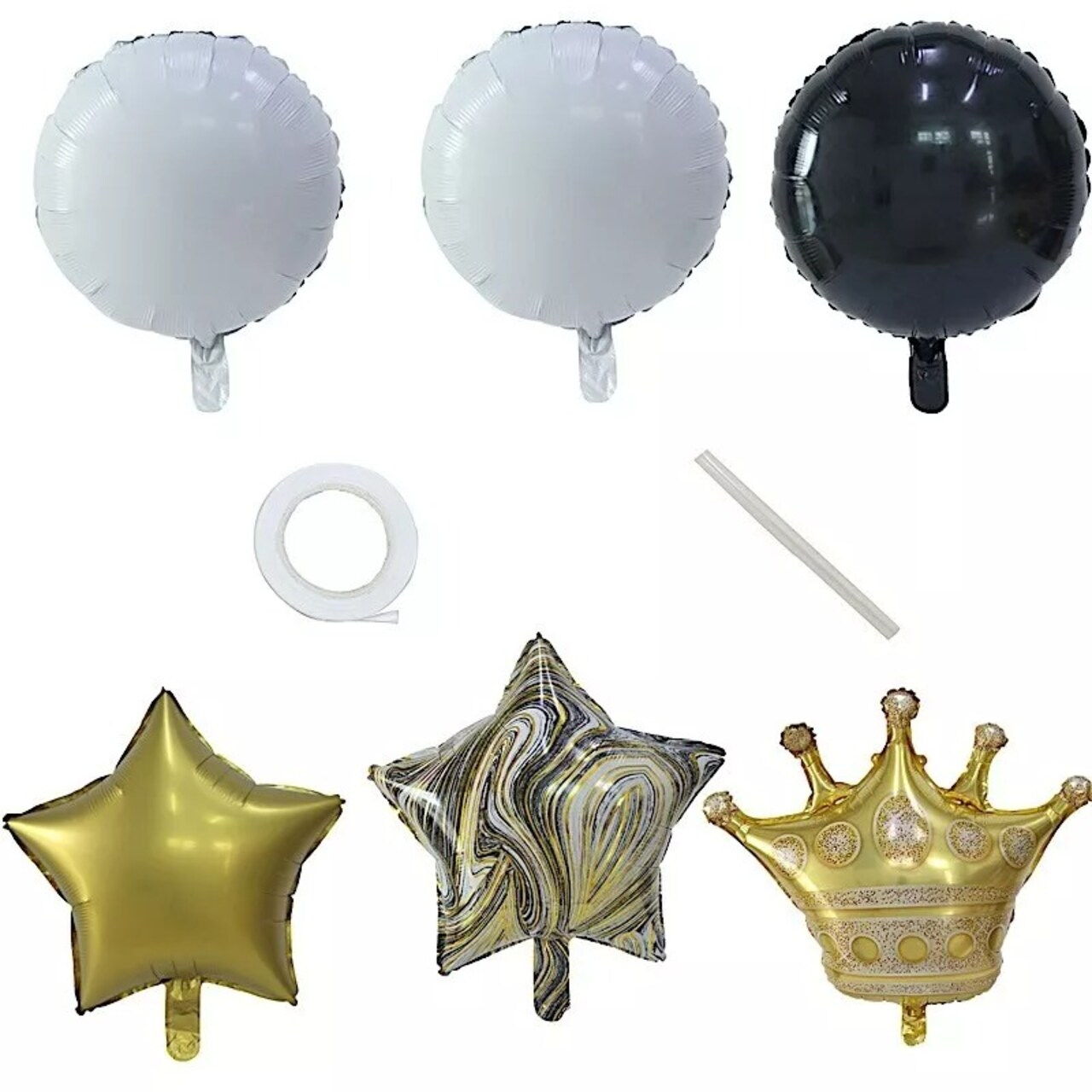6 White Gold Black Round Crown Star Mylar Foil Balloons Set Party Decorations